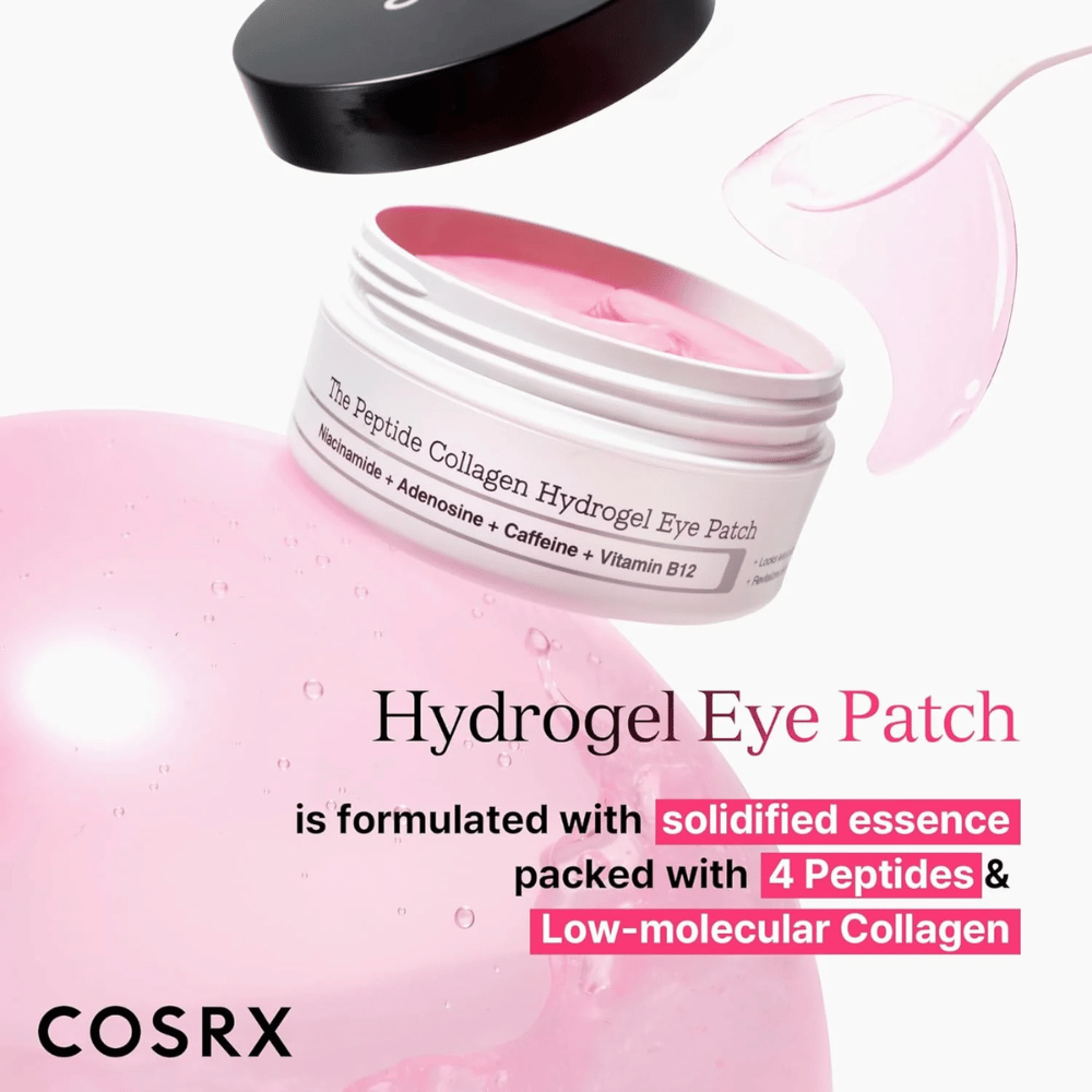 COSRX Υδρογέλη Eye Patch με 4 πεπτίδια και χαμηλού μοριακού βάρους κολλαγόνο για ενυδατωμένο και σφριγηλό δέρμα γύρω από τα μάτια.