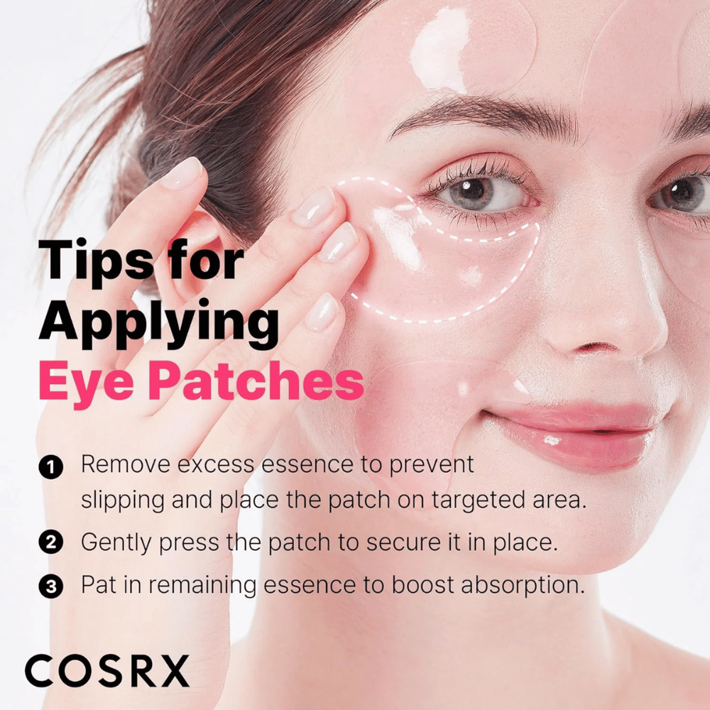 Συμβουλές για την εφαρμογή του COSRX Peptide Collagen Eye Patch – πιέστε σταθερά, αφαιρέστε την υπερβολική ουσία και ταμπονάρετε τα υπολείμματα.