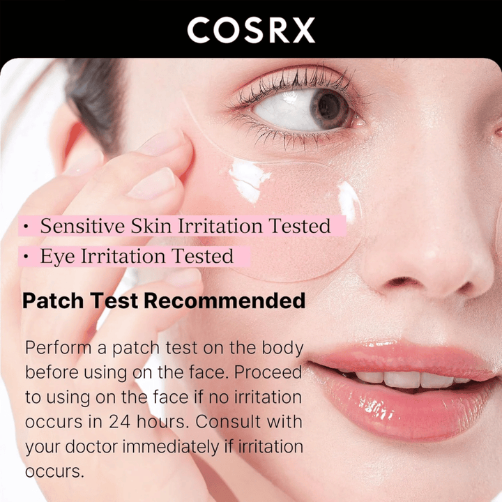 COSRX Peptide Collagen Hydrogel Eye Patch – δοκιμασμένο για ευαίσθητο δέρμα και ερεθισμό ματιών, ασφαλές για καθημερινή χρήση.