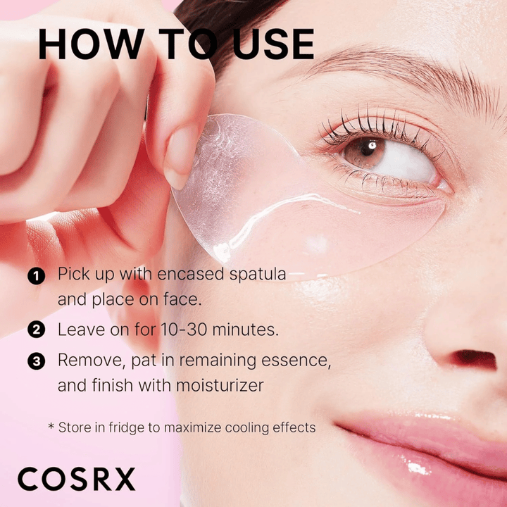 COSRX Peptide Collagen Hydrogel Eye Patch – εφαρμόστε με σπάτουλα, αφήστε να δράσει 10-30 λεπτά και ολοκληρώστε με ενυδατική κρέμα.