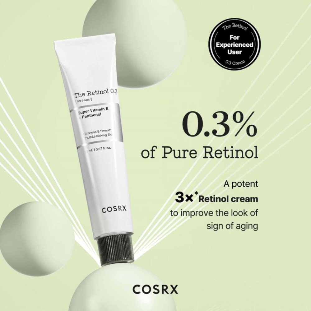 COSRX The Retinol 0.3 Cream περιέχει 0,3% καθαρή ρετινόλη για να βελτιώσει αποτελεσματικά τη σφριγηλότητα του δέρματος και να εξομαλύνει τις λεπτές γραμμές. Εμπλουτισμένο με υπερβιταμίνη Ε και πανθενόλη, προσφέρει υγρασία και θρέψη στο δέρμα. Ιδανική για έμπειρους χρήστες, αυτή είναι μια ισχυρή κρέμα που καταπολεμά τα σημάδια γήρανσης και προσφέρει νεανική λάμψη.