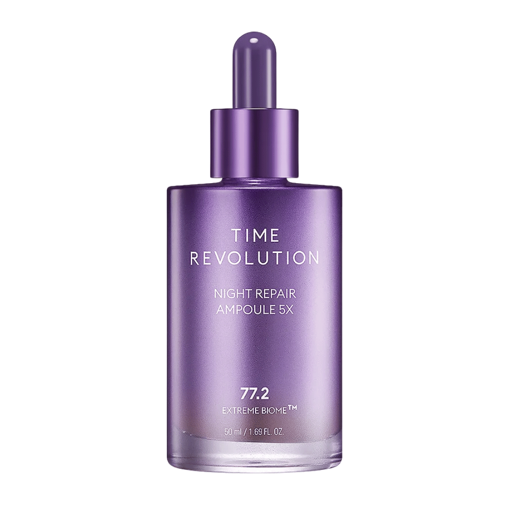 5. MISSHA Time Revolution Night Repair Ampoule 5X 50 ml – συμπυκνωμένη αμπούλα νύχτας σε μωβ γυάλινο μπουκάλι με πιπέτα