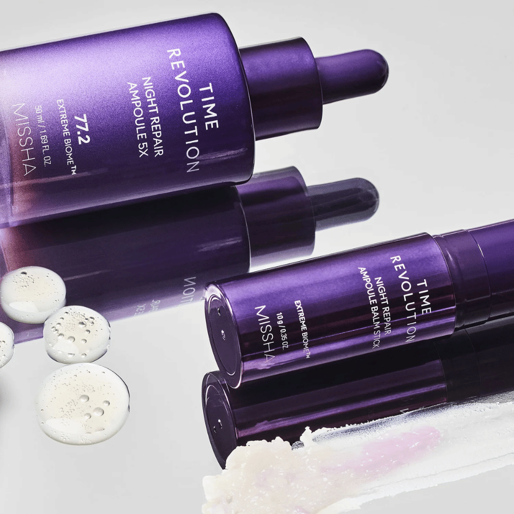 1. MISSHA Time Revolution Night Repair Ampoule 5X 50 ml – αμπούλα νύχτας με 77,2 % Extreme Biome Complex σε μωβ μπουκάλι με πιπέτα