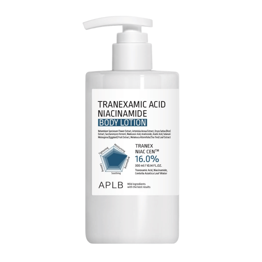 Καθαρή εικόνα προϊόντος του APLB Tranexamic Acid Niacinamide Body Lotion σε μινιμαλιστικό λευκό μπουκάλι με αντλία, με έμφαση στην ενυδατική και καταπραϋντική περιποίηση σώματος για ξηρό και ευαίσθητο δέρμα.