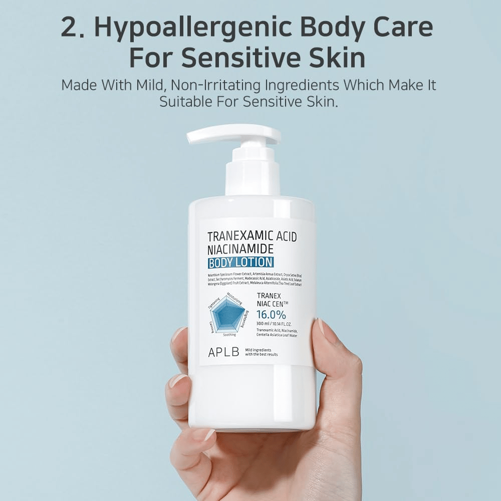 Εικόνα προϊόντος που δείχνει το APLB Tranexamic Acid Niacinamide Body Lotion με έμφαση στην υποαλλεργική περιποίηση σώματος για ευαίσθητο δέρμα. Η εικόνα τονίζει απαλά και ήπια συστατικά που είναι κατάλληλα για ξηρό και ευαίσθητο δέρμα.