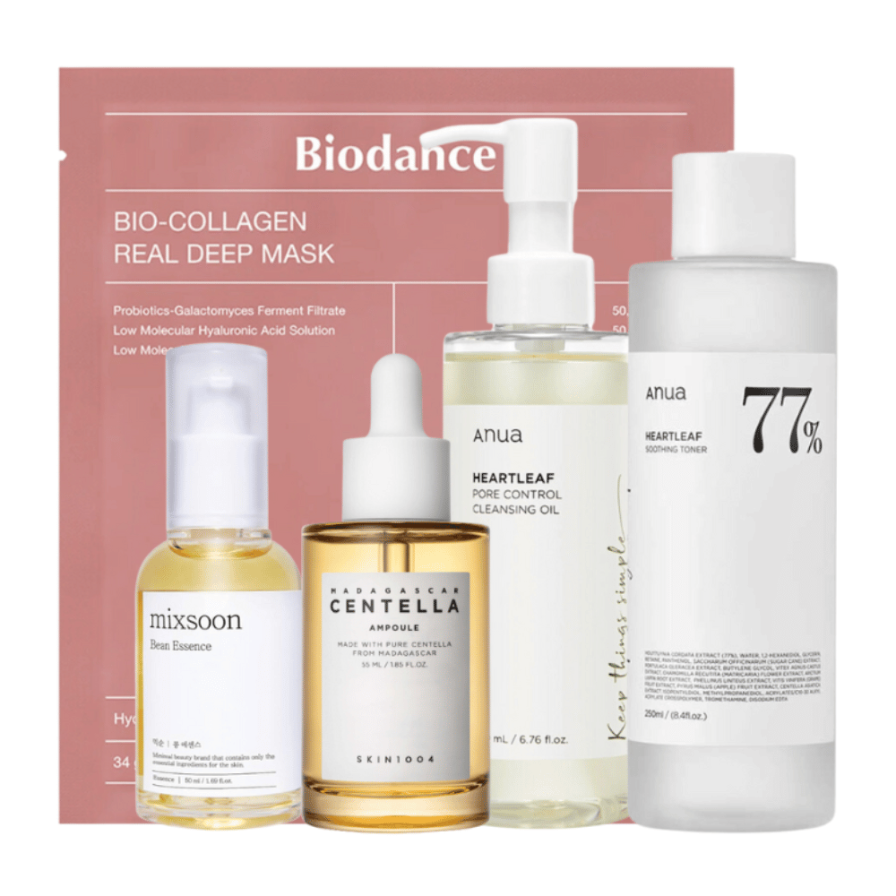 Το σετ "Trending K-Beauty Must-Haves" περιέχει Anua Heartleaf Pore Control Cleansing Oil, Heartleaf 77% Soothing Toner, Skin1004 Madagascar Centella Ampoule, και Mixsoon Bean Essence μαζί με ένα Bio-Collagen Real Deep Mask από Biodance. Αυτά τα προϊόντα είναι προσεκτικά επιλεγμένα για να παρέχουν βαθύ καθαρισμό, εντατική ενυδάτωση και καταπραϋντικές επιδράσεις για το δέρμα, καθιστώντας τα απαραίτητα προϊόντα για μια ολοκληρωμένη ρουτίνα περιποίησης δέρματος.