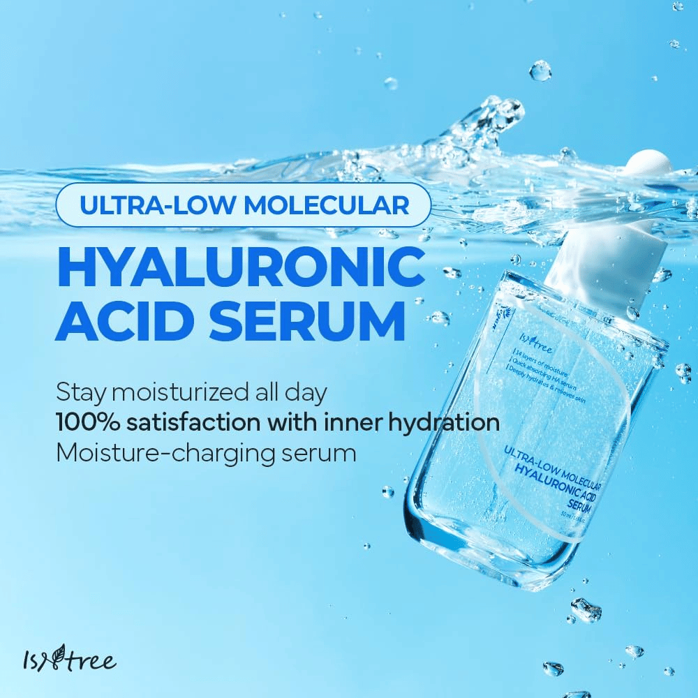 Isntree Ultra-Low Molecular Hyaluronic Acid Serum σε υδάτινο περιβάλλον, ενυδατικός ορός υαλουρονικού οξέος που προσφέρει γεμάτο δέρμα, αυξημένη λάμψη και μακροχρόνια ισορροπία υγρασίας.