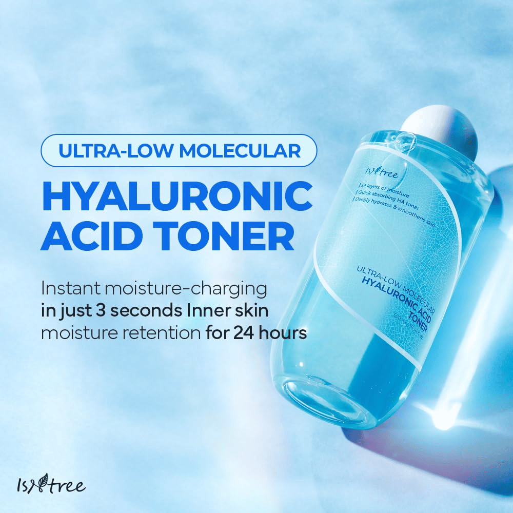 Εικόνα προϊόντος του Isntree Ultra-Low Molecular Hyaluronic Acid Toner με μπλε φόντο. Το κείμενο τονίζει την ταχεία ενυδάτωση σε 3 δευτερόλεπτα και την διατήρηση της υγρασίας για 24 ώρες. Το μπουκάλι εμφανίζεται σε μεγεθυμένη γωνία με ευδιάκριτη ετικέτα.