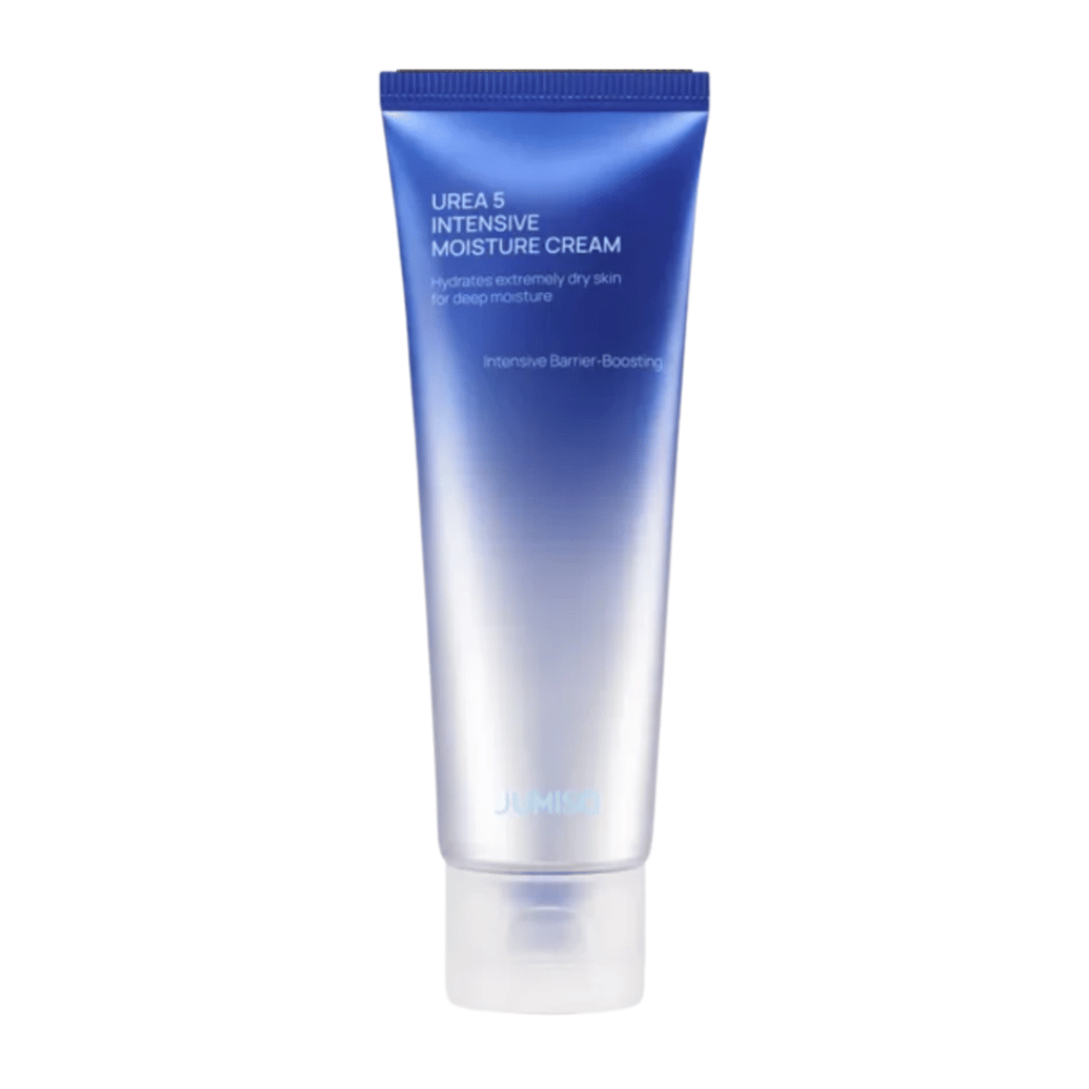 Απομονωμένη εικόνα προϊόντος του Jumiso Urea 5 Intensive Moisture Cream σε λευκό φόντο. Το μπλε σωληνάριο με μινιμαλιστικό σχεδιασμό αναδεικνύει την εστίαση του προϊόντος στην εντατική ενυδάτωση και στη φροντίδα ενίσχυσης του δερματικού φραγμού για πολύ ξηρό δέρμα.