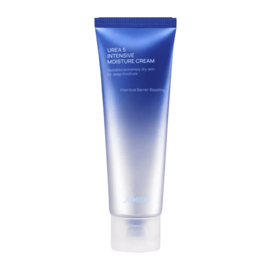 Απομονωμένη εικόνα προϊόντος του Jumiso Urea 5 Intensive Moisture Cream σε λευκό φόντο. Το μπλε σωληνάριο με μινιμαλιστικό σχεδιασμό αναδεικνύει την εστίαση του προϊόντος στην εντατική ενυδάτωση και στη φροντίδα ενίσχυσης του δερματικού φραγμού για πολύ ξηρό δέρμα.