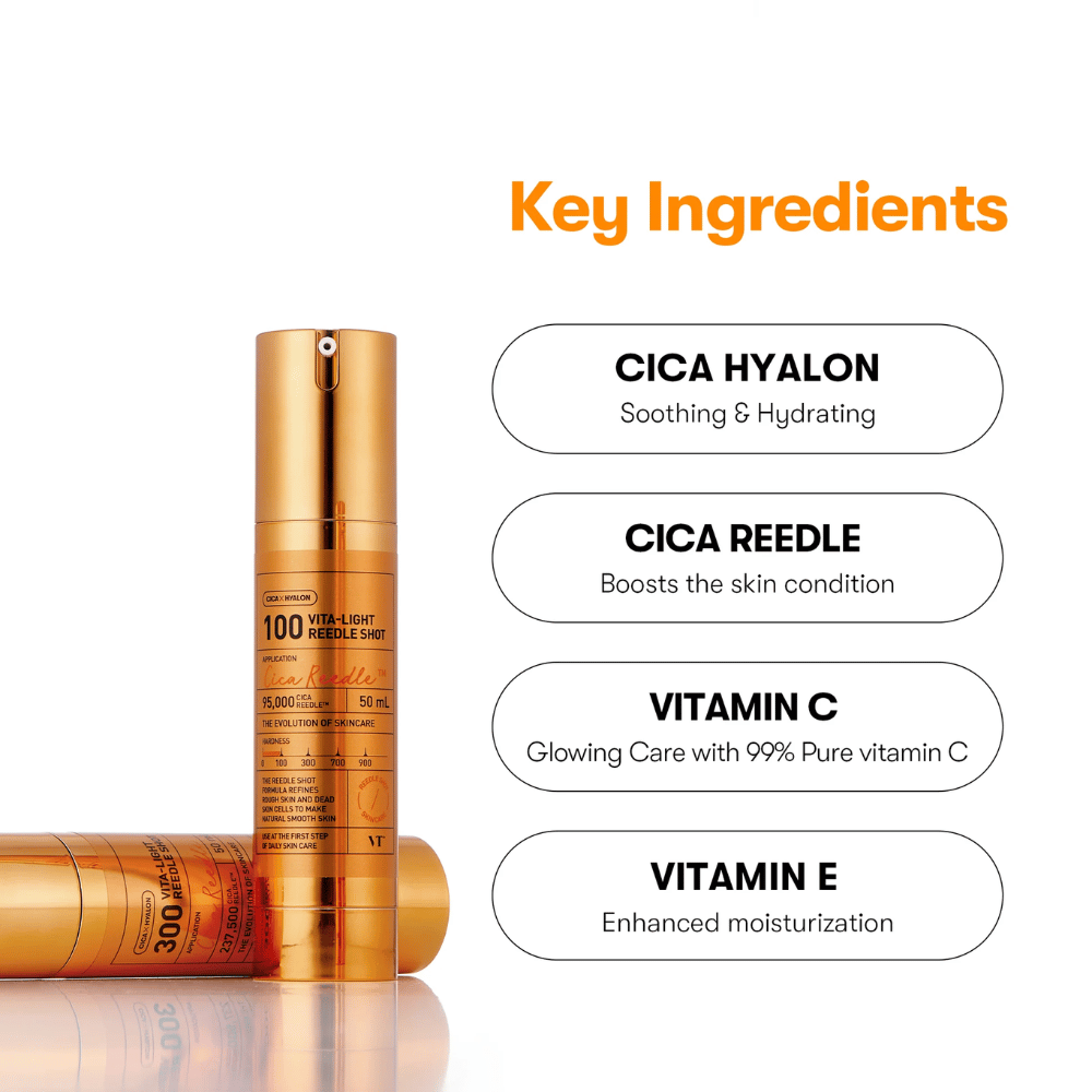 Χρυσό μπουκάλι VT Cica Hyalon Vita-Light Reedle Shot 100hL, 50 ml, με αντλία, τοποθετημένο δίπλα σε ξαπλωμένο μπουκάλι. Στα δεξιά παρατίθενται βασικά συστατικά: Cica Hyalon, Cica Reedle, Βιταμίνη C και Βιταμίνη E.