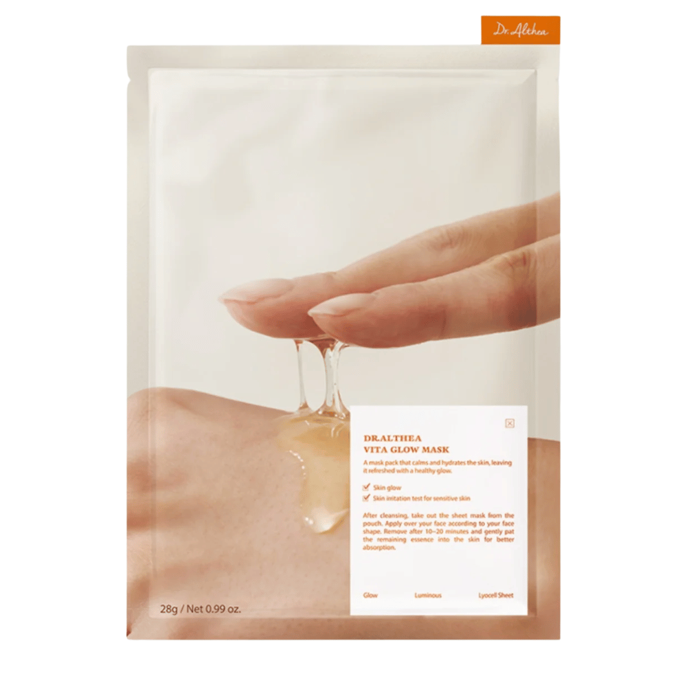 Συσκευασία του Dr. Althea Vita Glow Mask που δείχνει την ουσία της μάσκας. Ενυδατική μάσκα φύλλου για λάμψη και ομοιόμορφο τόνο δέρματος, κατάλληλη ακόμα και για ευαίσθητο δέρμα.
