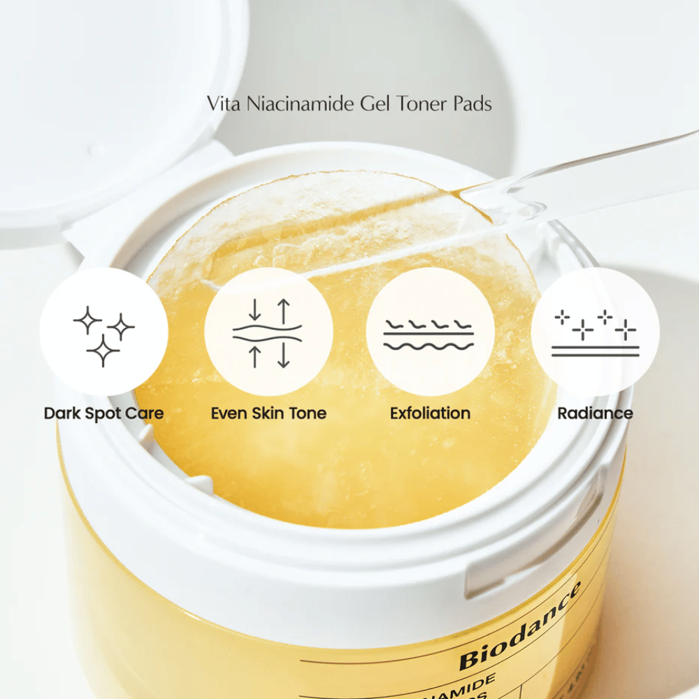 Biodance Vita Niacinamide Gel Toner Pads – απολεπιστικά επιθέματα για ομοιόμορφο τόνο επιδερμίδας, λάμψη και θεραπεία σκοτεινών κηλίδων, εμφανίζονται σε ανοιχτό δοχείο με τσιμπιδάκι.