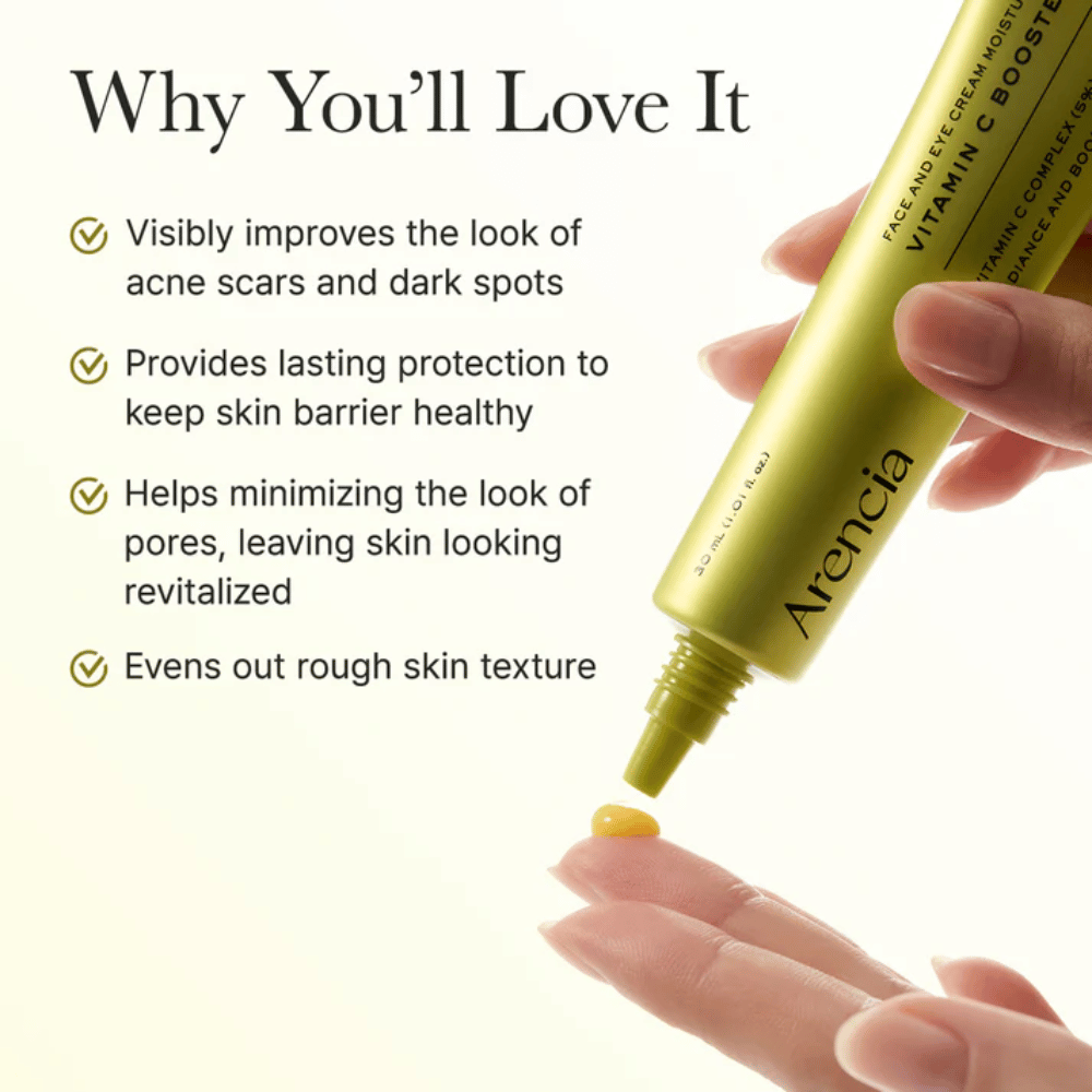Arencia Vitamin C Booster Shot οφέλη - ορός βιταμίνης C που βελτιώνει τα σημάδια ακμής και τις σκούρες κηλίδες, ενισχύει τον φραγμό του δέρματος, μειώνει τους πόρους και εξομαλύνει την υφή του δέρματος