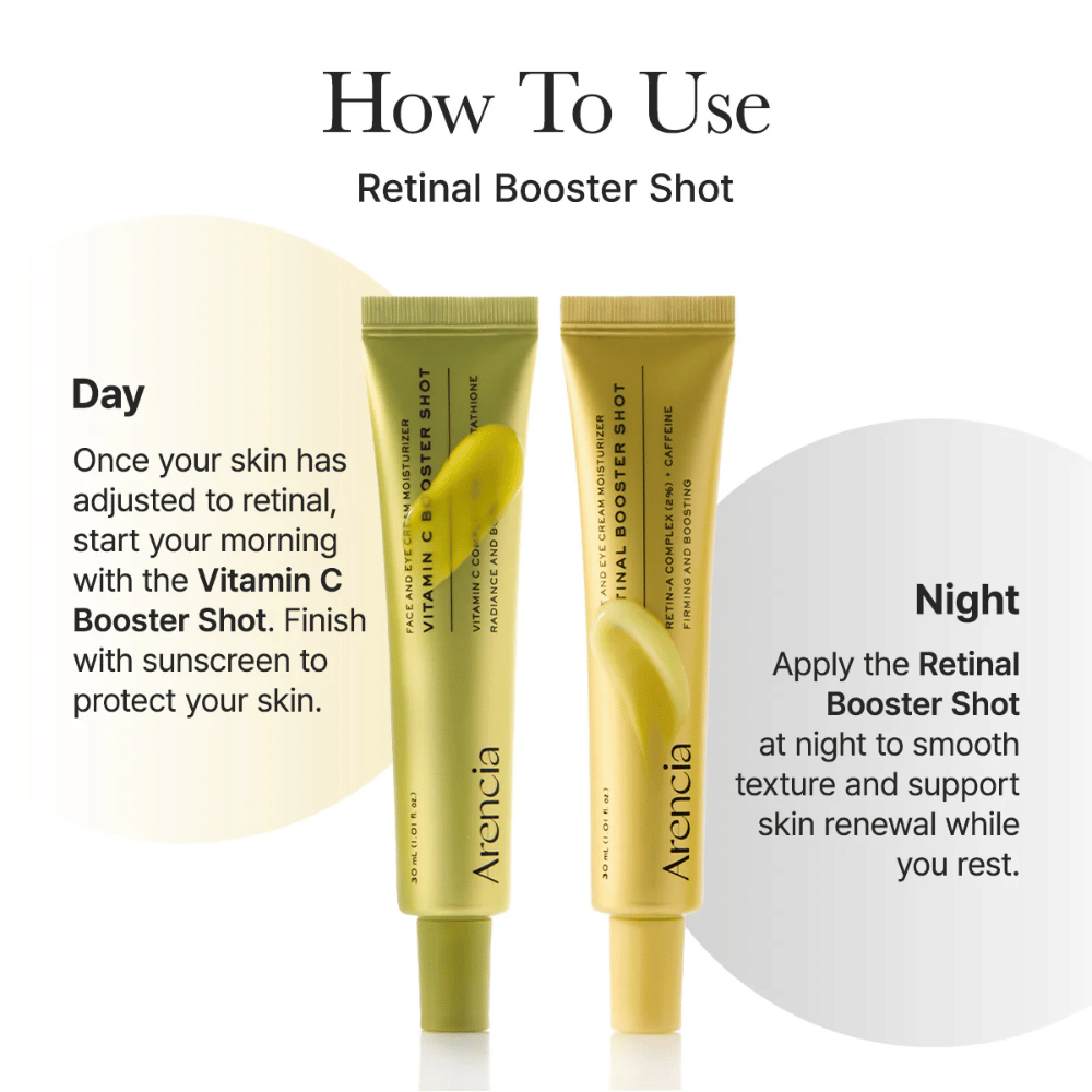 Πώς να χρησιμοποιήσετε Arencia Vitamin C Booster Shot - ορός βιταμίνης C το πρωί και ενισχυτής ρετιναλίνης το βράδυ για ομοιόμορφο τόνο και καλύτερη λάμψη