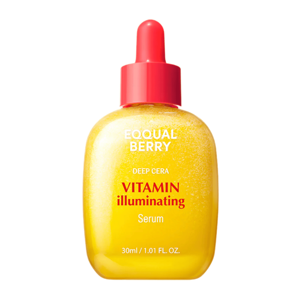 Equal Berry Vitamin Illuminating Serum σε ένα κίτρινο λαμπερό μπουκάλι με κόκκινη πιπέτα. Προσφέρει λάμψη και θρέψη για λαμπερό δέρμα.