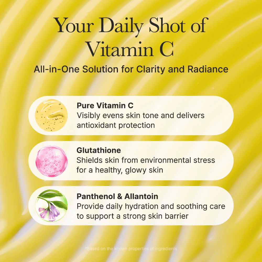 Arencia Vitamin C Booster Shot επισκόπηση συστατικών - βιταμίνη C που εξομαλύνει τον τόνο του δέρματος, γλουταθειόνη με αντιοξειδωτική δράση καθώς και πανθενόλη και αλλαντοΐνη που ενυδατώνουν και καταπραΰνουν το δέρμα