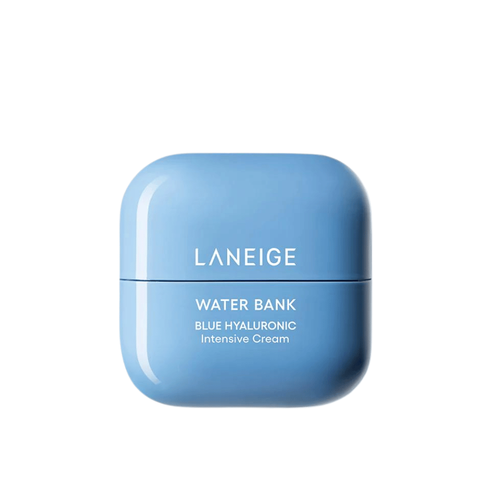 LANEIGE Water Bank Blue Hyaluronic Intensive Cream σε μπλε στρογγυλεμένο δοχείο, απομονωμένο σε λευκό φόντο.