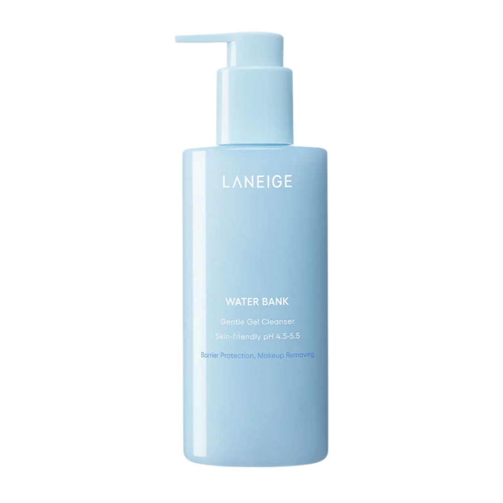LANEIGE Water Bank Gentle Gel Cleanser σε ανοιχτό μπλε αντλία με λευκό κείμενο, απομονωμένη σε λευκό φόντο.