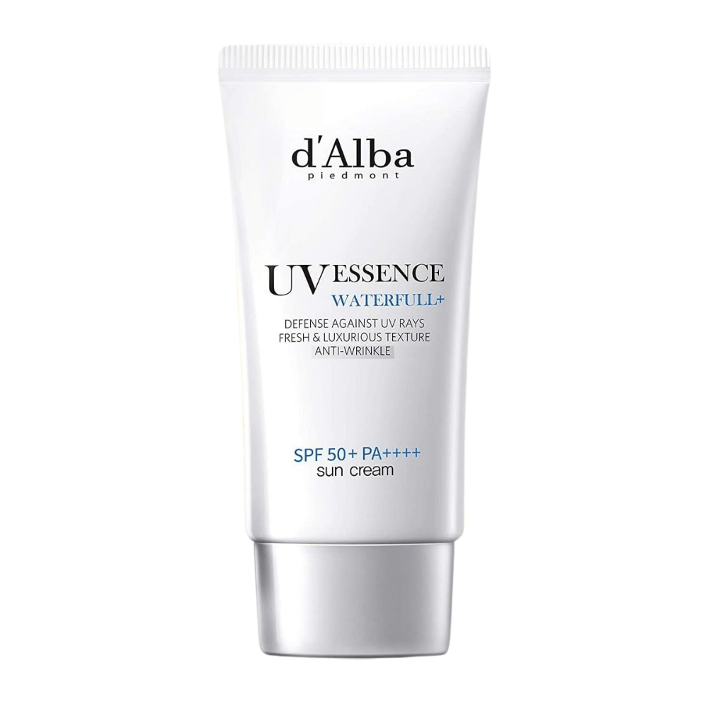 Εικόνα προϊόντος της d'Alba UV Essence Waterfull+ Sun Cream με SPF 50+ PA++++ σε λευκό και ασημί σωληνάριο, φωτογραφημένη σε λευκό φόντο.