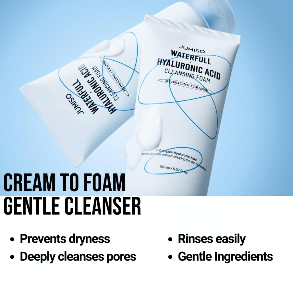 Δύο σωληνάρια του/της Jumiso Waterfull Hyaluronic Acid Cleansing Foam σε ανοιχτό μπλε φόντο. Η εικόνα αναδεικνύει ένα καθαριστικό κρέμας-σε-αφρό που καθαρίζει απαλά τους πόρους, καταπολεμά την ξηρότητα και ξεβγάζεται εύκολα.