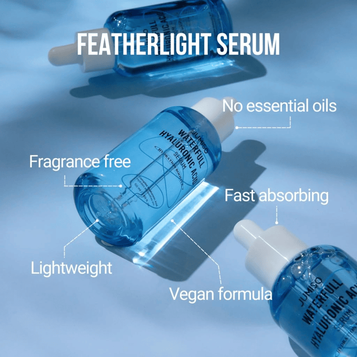 Jumiso Waterfull Hyaluronic Acid Serum – ελαφρύς ορός υαλουρονικού οξέος χωρίς άρωμα και αιθέρια έλαια, γρήγορης απορρόφησης και βίγκαν ενυδατικός ορός για όλους τους τύπους δέρματος