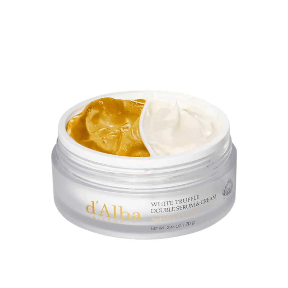 d'Alba White Truffle Double Serum & Cream συνδυάζει έναν ορό και μια κρέμα σε ένα πρακτικό δοχείο δύο μερών. Αυτό το προϊόν προσφέρει εντατική ενυδάτωση και θρέψη χάρη στο εκχύλισμα λευκής τρούφας, δίνοντας στο δέρμα μια λαμπερή και πιο σφριγηλή αίσθηση.