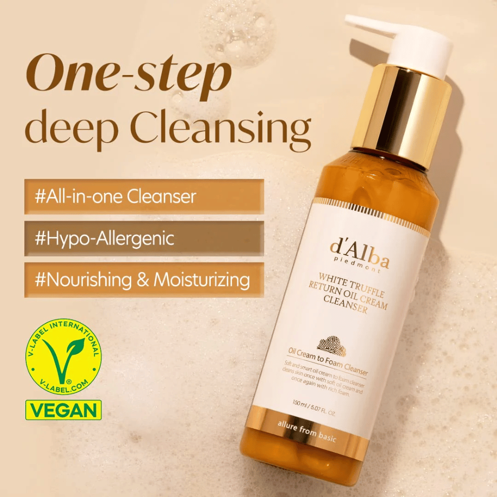 d'Alba White Truffle Return Oil Cream Cleanser είναι μια βίγκαν, υποαλλεργική κρέμα καθαρισμού με βαθύ καθαρισμό ενός βήματος. Αυτός ο καθαριστής όλα-σε-ένα είναι θρεπτικός και ενυδατικός, και μετατρέπεται από λάδι σε αφρό για να καθαρίσει αποτελεσματικά το δέρμα και να το αφήσει απαλό και φρέσκο.