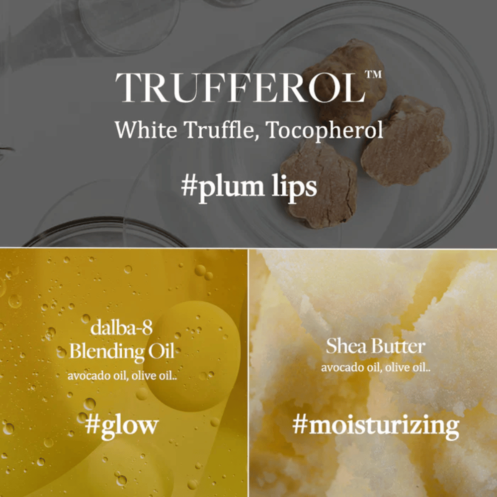 Εικόνα συστατικών με White Truffle, Tocopherol, Blending Oil και Shea Butter για d'Alba Nourishing Serum Lip Balm, επισημασμένο με hashtags #plum lips, #glow και #moisturizing.