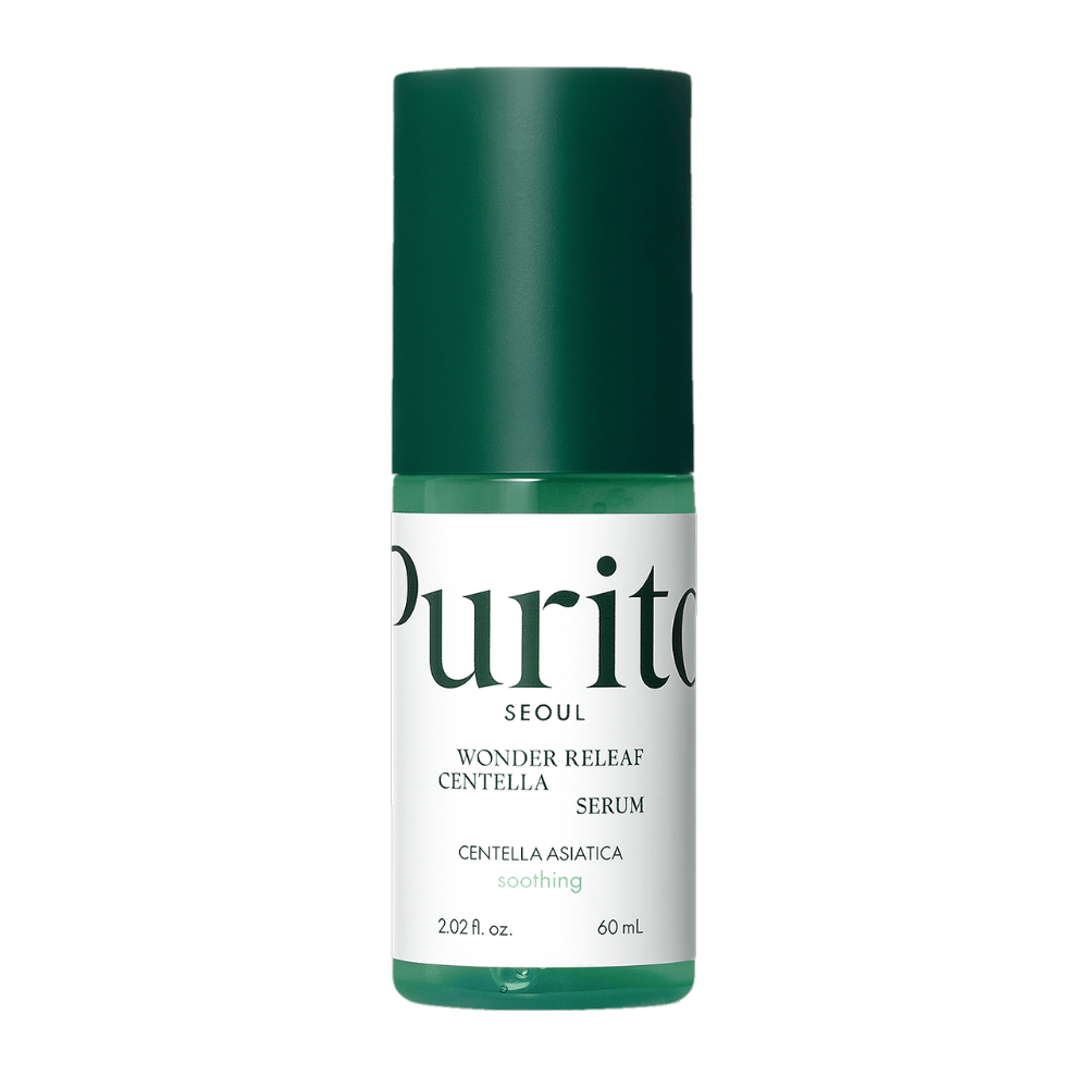 Purito Wonder Releaf Centella Serum σε ένα πράσινο και λευκό μπουκάλι με περιεχόμενο 60 ml, κεντραρισμένο σε λευκό φόντο.