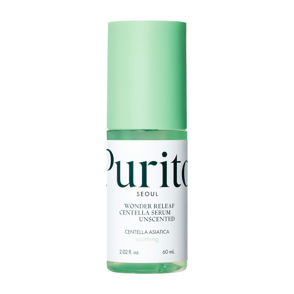 Κλειστό μπουκάλι από Purito Wonder Releaf Centella Serum, χωρίς άρωμα, σε λευκό φόντο.