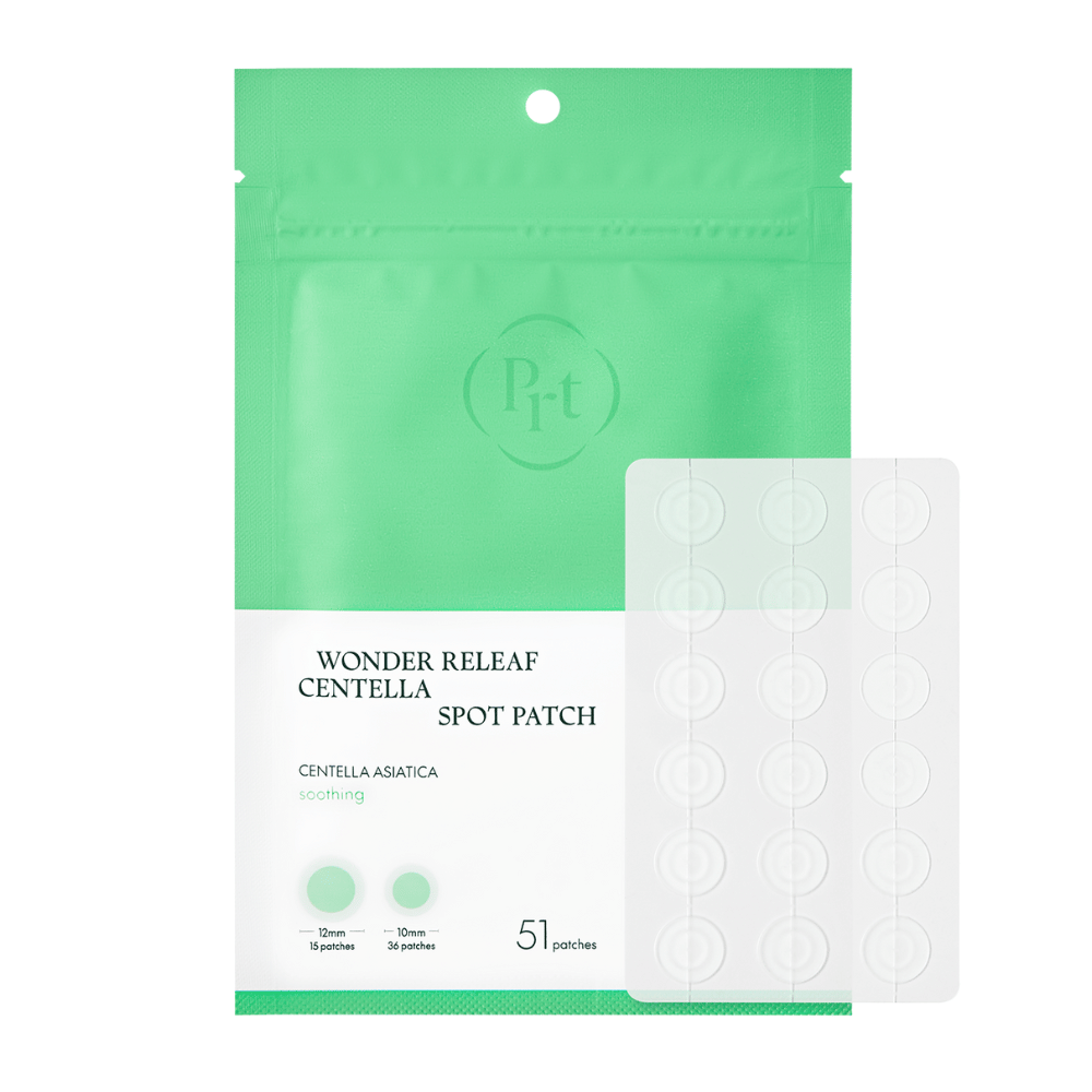 Εικόνα προϊόντος του Purito Wonder Releaf Centella Spot Patch με συσκευασία και 51 διαφανή επιθέματα ακμής σε δύο μεγέθη για αποτελεσματική σημειακή θεραπεία.