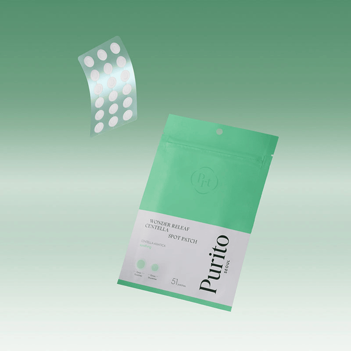 Purito Wonder Releaf Centella Spot Patch με συσκευασία και διαφανή επιθέματα ακμής, καταπραϋντική σημειακή θεραπεία με centella asiatica για σπυράκια και ερεθισμένο δέρμα.