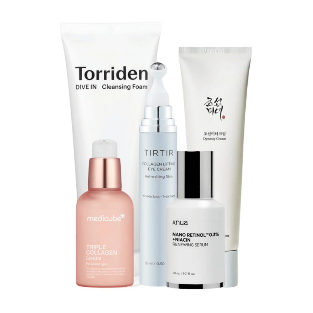 Αυτό το σετ, "Youthful Radiance Anti-Aging Kit", περιλαμβάνει μια σειρά από προϊόντα περιποίησης δέρματος για να αναζωογονήσουν και να φροντίσουν το ώριμο δέρμα. Το σετ περιλαμβάνει το Torriden Dive In Cleansing Foam, το Tirtir Collagen Lifting Eye Cream, το Medicube Triple Collagen Serum και το Anua Nano Retinol 0.3% + Niacin Renewing Serum μαζί με το Beauty of Joseon Dynasty Cream.