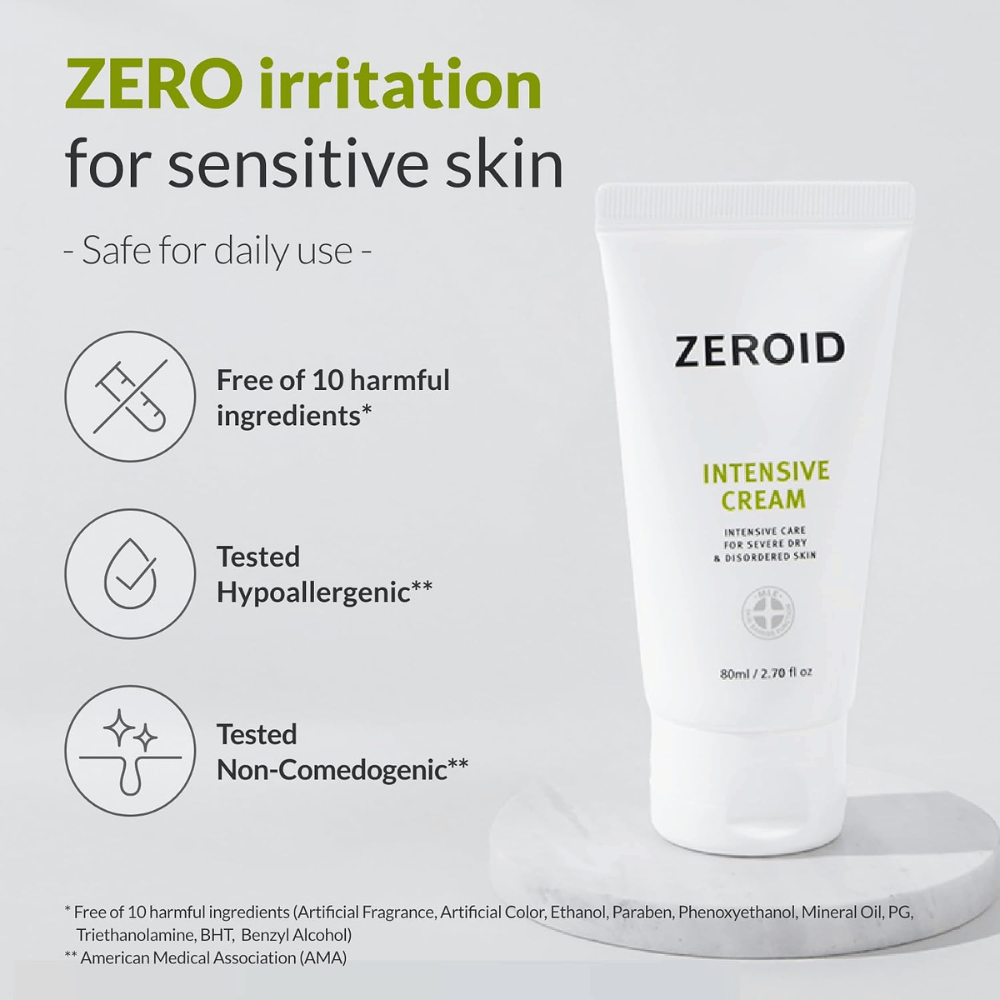 ZEROID Intensive Cream έχει αναπτυχθεί για ευαίσθητο δέρμα και δεν περιέχει δέκα κοινά συστατικά που μπορεί να προκαλέσουν ερεθισμό. Η κρέμα είναι υποαλλεργικά ελεγμένη, μη φαγεσωρογόνα και κατάλληλη για καθημερινή χρήση.