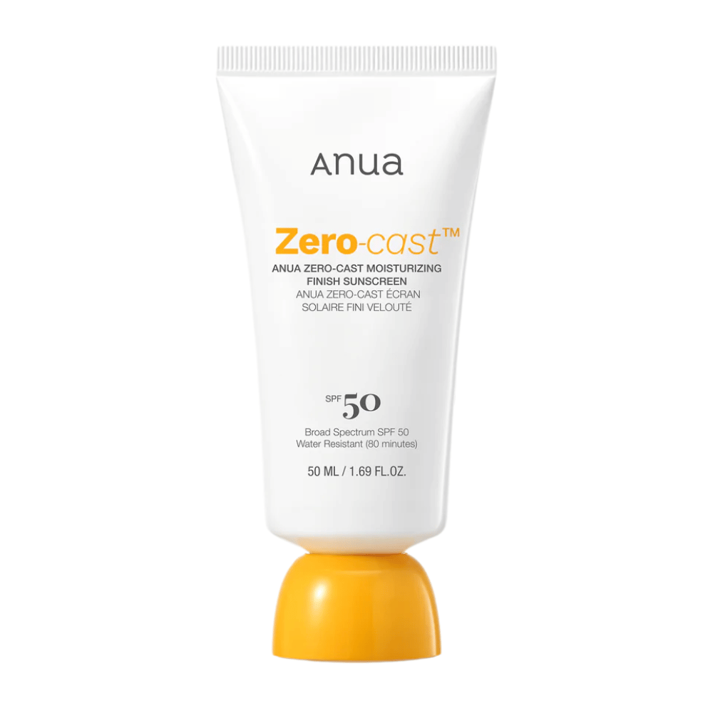Εικόνα προϊόντος για ANUA Zero-Cast Moisturizing Finish Sunscreen SPF 50 σε λευκό σωληνάριο με πορτοκαλί καπάκι, 50 ml. Ένα ελαφρύ αντηλιακό χωρίς λευκό ίχνος, ανθεκτικό στο νερό έως και 80 λεπτά.