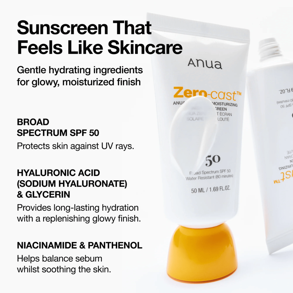 Κοντινή εικόνα του ANUA Zero-Cast Moisturizing Sunscreen με SPF 50 – αντηλιακό σε λευκό σωληνάριο με πορτοκαλί καπάκι, που δείχνει κείμενο για συστατικά όπως υαλουρονικό οξύ, νιασιναμίδη και πανθενόλη για ενυδατωμένο, προστατευμένο δέρμα.