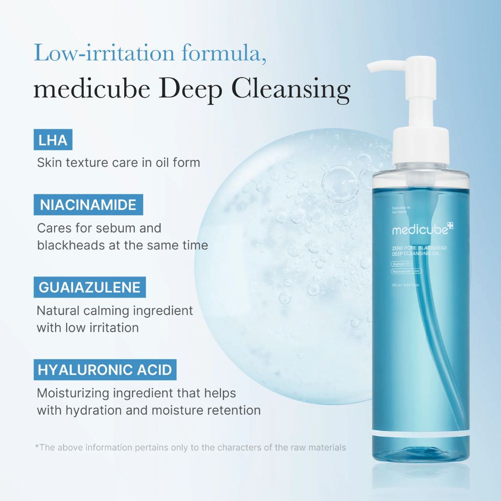 Medicube Zero Pore Blackhead Deep Cleansing Oil με τα συστατικά LHA, Niacinamide, Guaiazulene και Hyaluronic Acid παρουσιάζονται ως βασικά χαρακτηριστικά για απαλή και αποτελεσματική καθαριότητα.