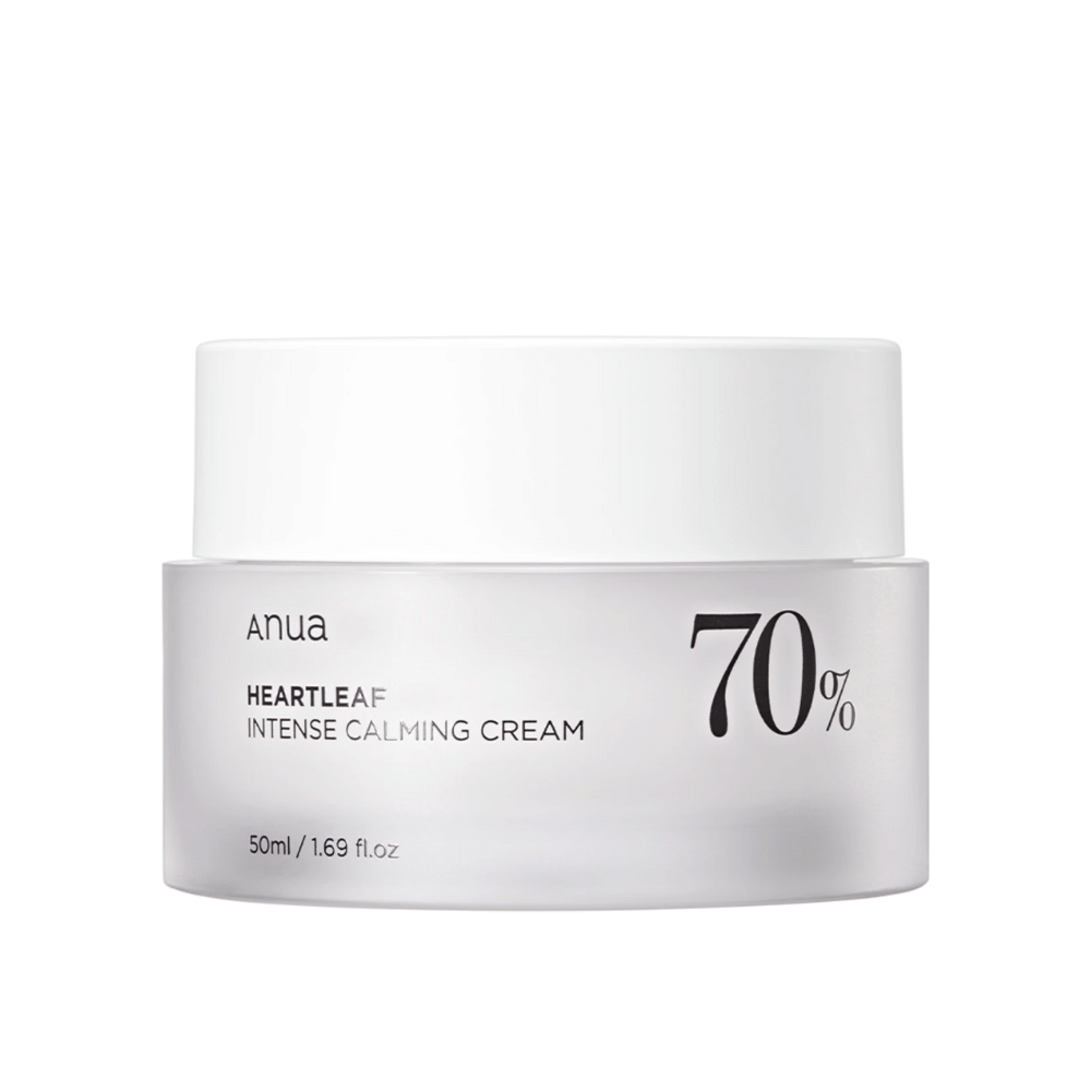 Λευκό δοχείο με "Anua Heartleaf Intense Calming Cream" με ένδειξη "70%", με ένδειξη όγκου "50ml/1.69 fl.oz."