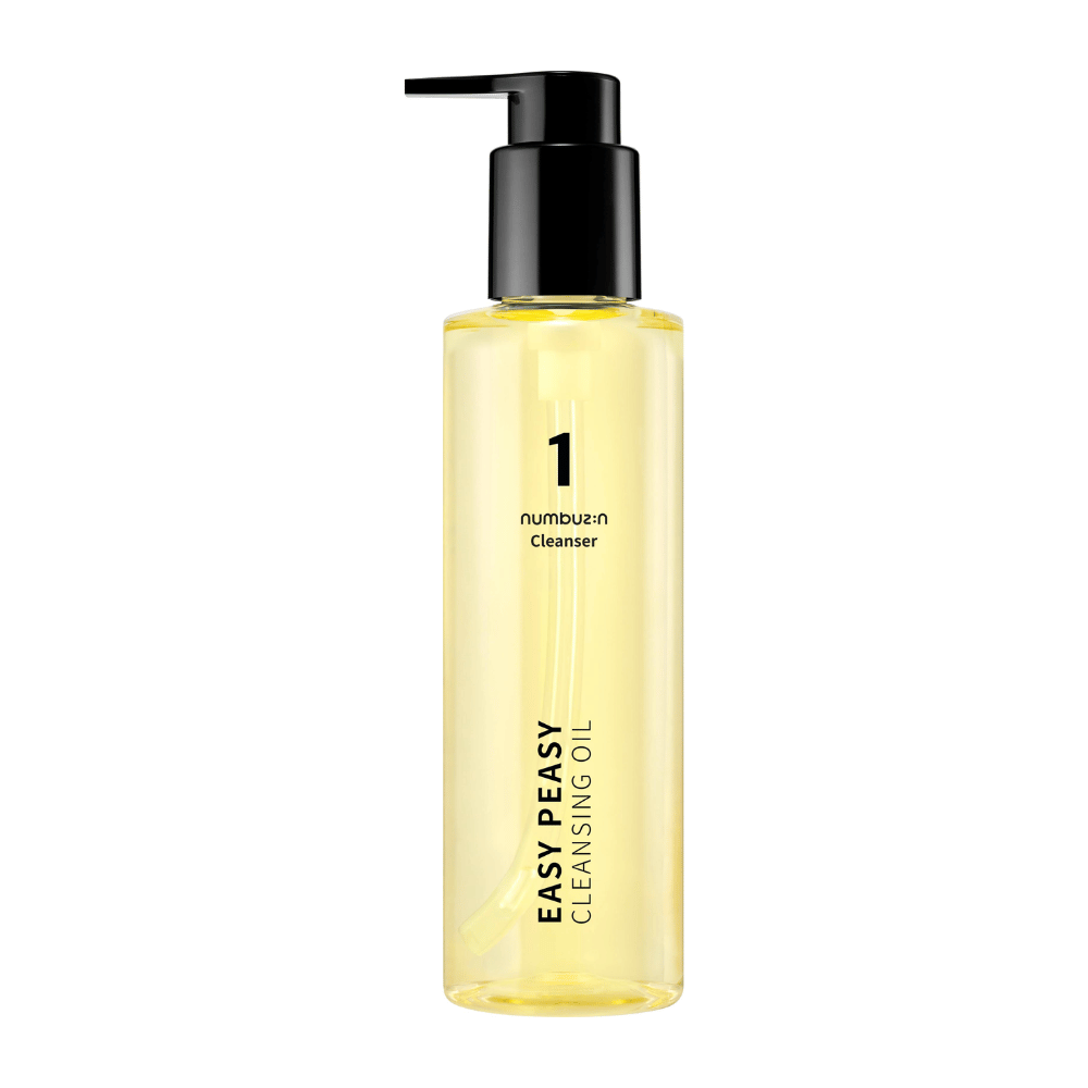 Εικόνα προϊόντος για Numbuzin No.1 Easy Peasy Cleansing Oil, διαφανές μπουκάλι με αντλία και μαύρο καπάκι σε λευκό φόντο.
