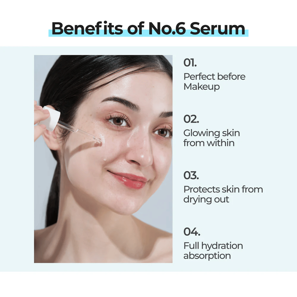 Γυναίκα εφαρμόζει numbuzin No. 6 Deep Sleep Mask Serum με πιπέτα, που δίνει λάμψη, προστατεύει από την ξηρότητα και απορροφάται πλήρως από το δέρμα.