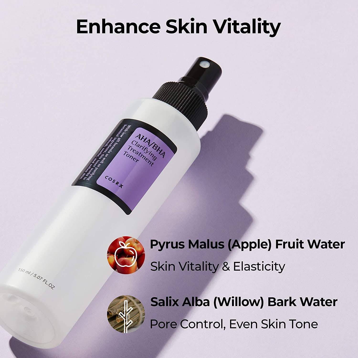 Ένα μπουκάλι COSRX AHA/BHA Clarifying Treatment Toner 150ml στοχευμένο στα μαύρα στίγματα.