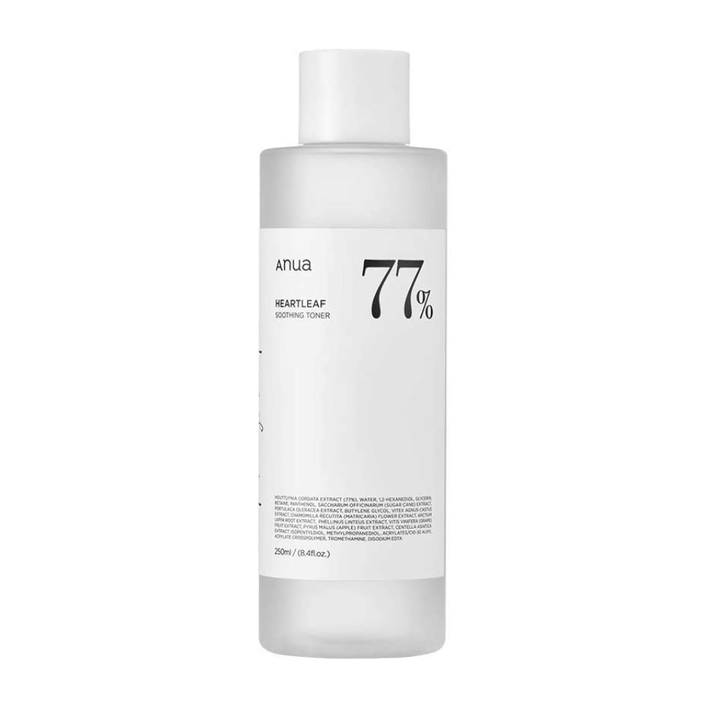 Ένα μπουκάλι Heartleaf 77% Soothing Toner με ετικέτα Anua, διαμορφωμένο με καταπραϋντική λοσιόν για ευαίσθητο δέρμα.