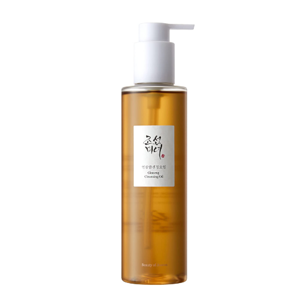 Ένα μπουκάλι Beauty of Joseon Ginseng Cleansing Oil 210ml σε λευκό φόντο, με λάδι σπόρων ginseng.