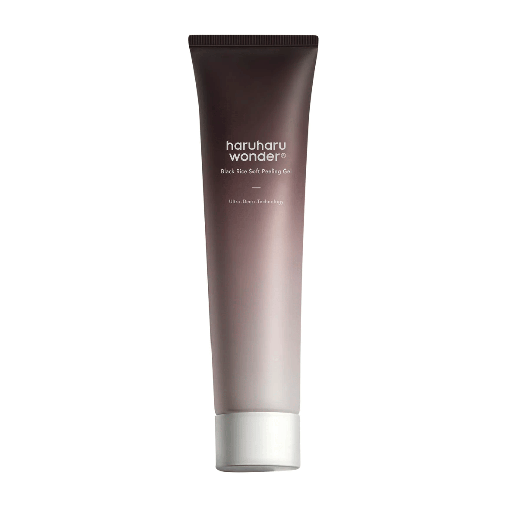 Ένας σωλήνας Haruharu Wonder Black Rice Soft Peeling Gel 100ml με απολεπιστικές ιδιότητες σε λευκό φόντο.