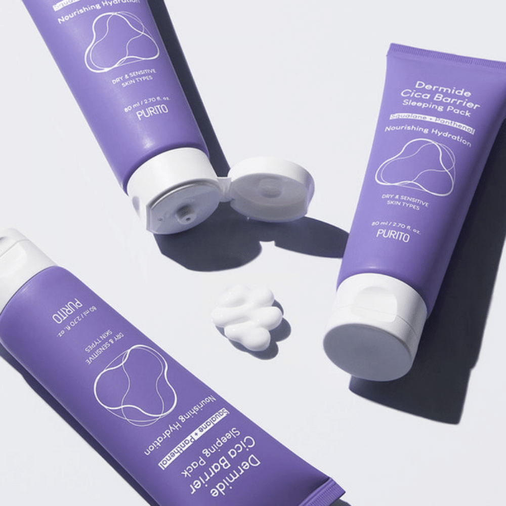 Δύο σωλήνες PURITO Dermide Cica Barrier Sleeping Pack 80ml σε μια λευκή επιφάνεια.