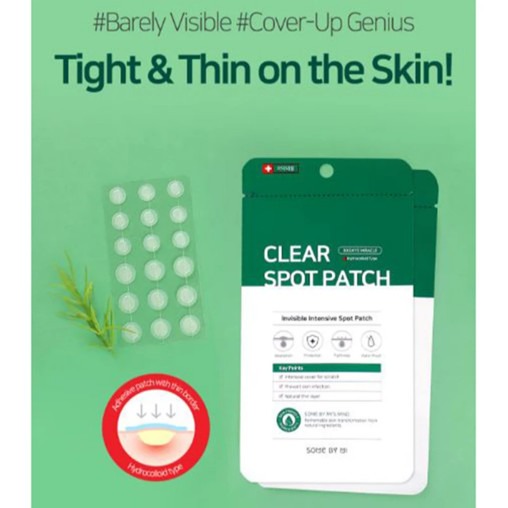 Ένα λευκό 30 Days Miracle Clear Spot Patch (18τμχ) σε καθαρό φόντο, κατάλληλο για διαχείριση ακμής και εξιδρώματος τραύματος. Μάρκα: SOME BY MI