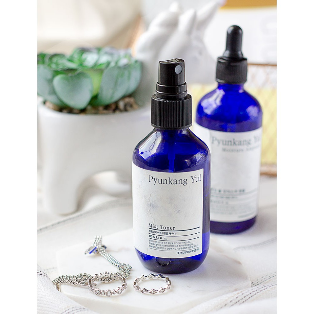 Ένα μπουκάλι Pyunkang Yul Mist Toner, ένα υποαλλεργικό τονωτικό, σε ένα τραπέζι δίπλα σε έναν κάκτο.