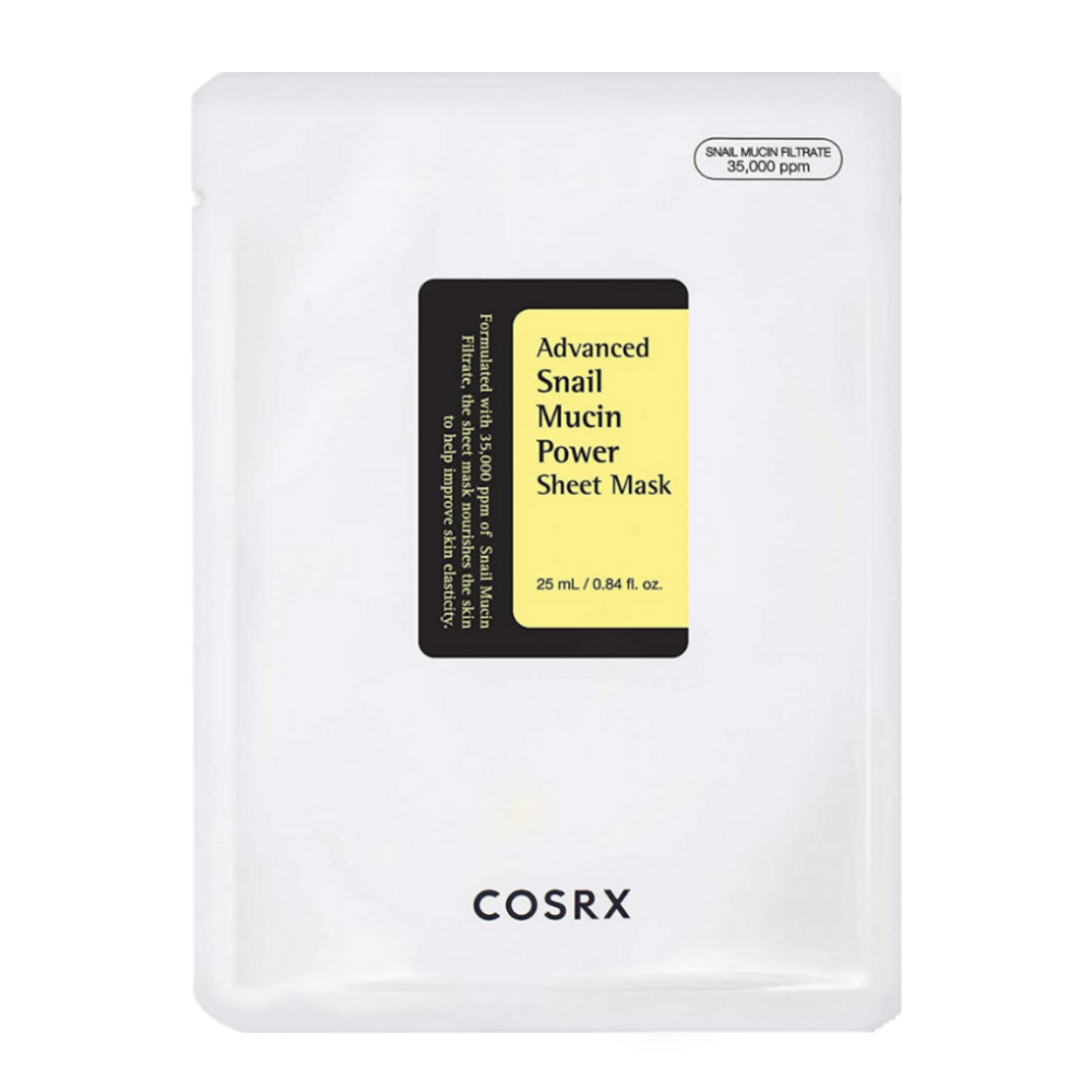 COSRX Advanced Snail Mucin Power Sheet Mask σε λευκή συσκευασία με μαύρη και κίτρινη ετικέτα, εμπλουτισμένη με 35.000 ppm έκκριση σαλιγκαριού για ενυδάτωση, επανόρθωση και βελτιωμένη ελαστικότητα του δέρματος.
