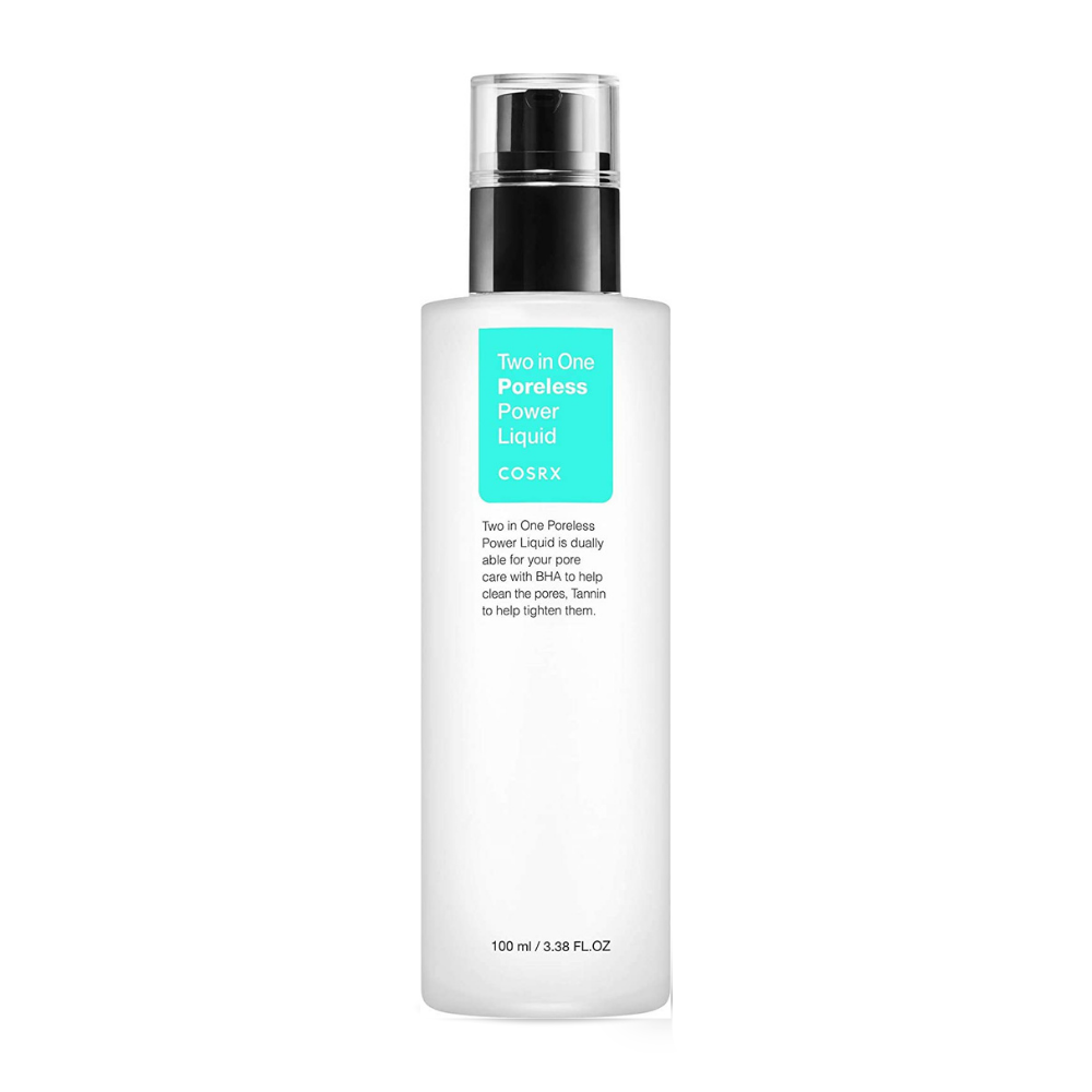 Ένα μπουκάλι COSRX Two In One Poreless Power Liquid 100ml, σχεδιασμένο για λιπαρό δέρμα, εμφανίζεται σε λευκό φόντο.
